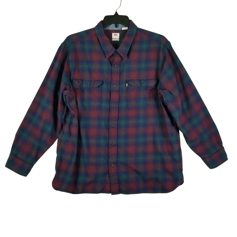 Levi's Flannel Shirt Mens XL Burgundy Green Plaid Relaxed Fit Cotton Button Down